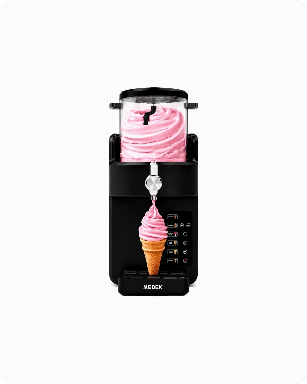 Machine à glace italienne noire distribuant une glace à la fraise
