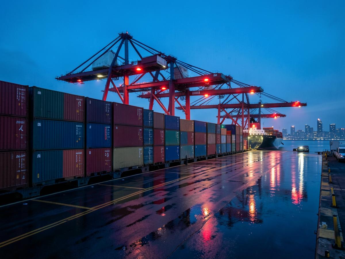 Terminal à conteneurs au crépuscule avec portiques et navire à quai