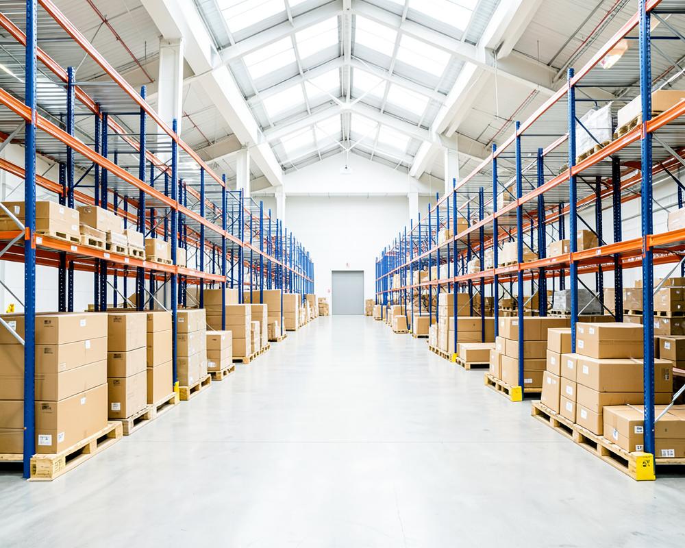 Entrepôt de consolidation avec cartons sur palettes